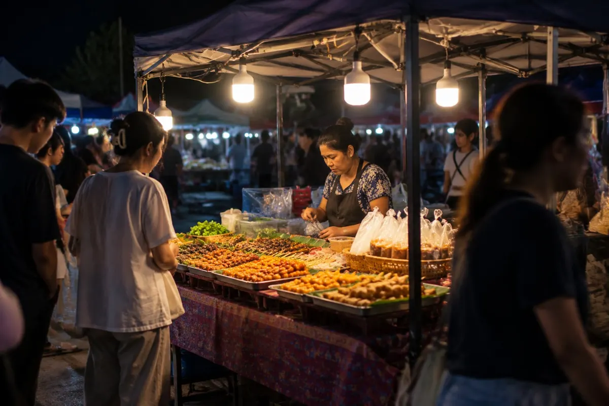 ไฟ LED เส้นติดขอบเต็นท์ให้แสงสว่างขายของตลาดนัดกลางคืน