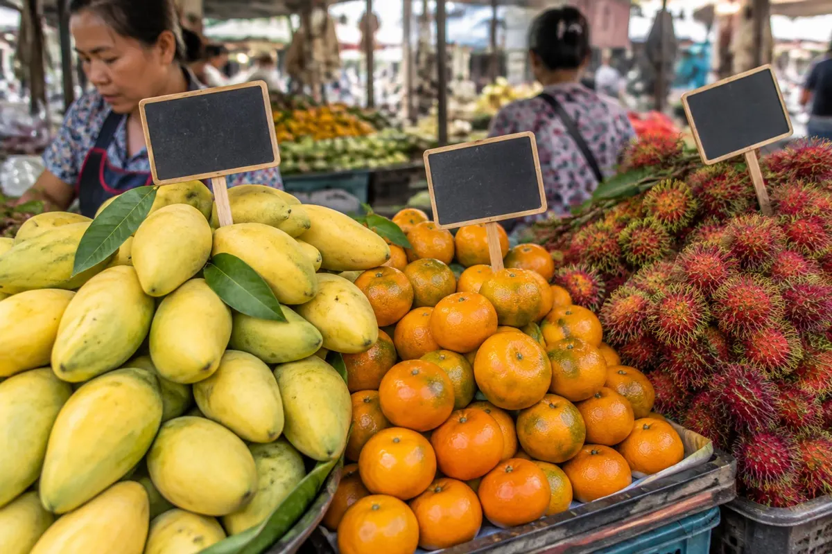 ป้ายราคาสินค้าเขียนด้วยชอล์กตั้งอยู่หน้าแผงขายของตลาดนัด
