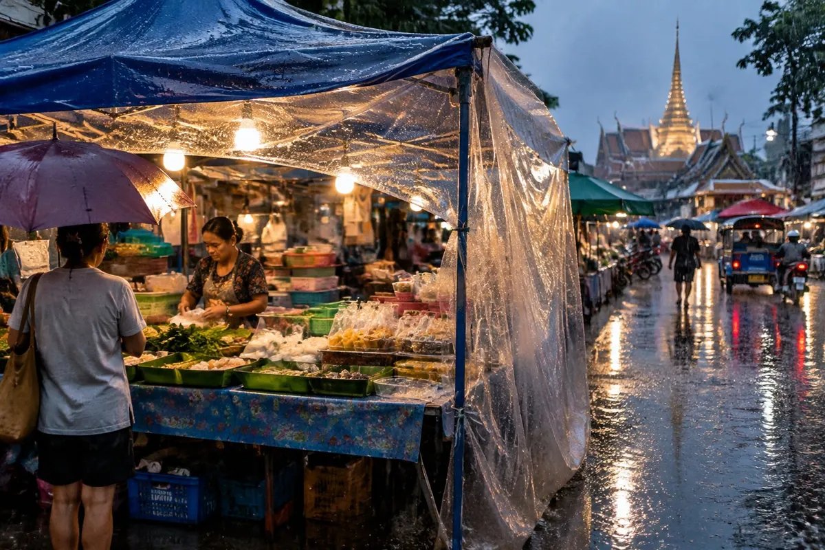 ผ้าใบแบบใสคลุมแผงขายของกันฝนสาดเข้าด้านข้าง