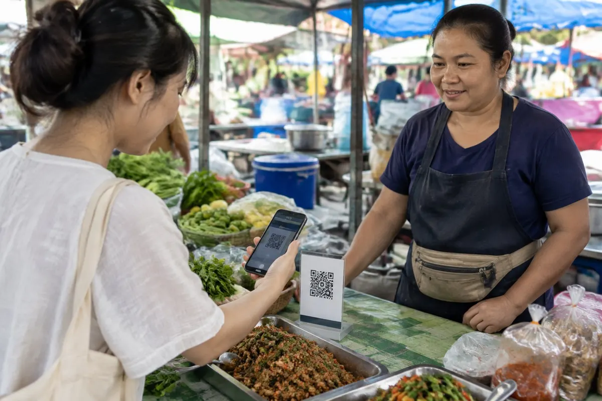 ป้าย QR code รับเงินตั้งอยู่หน้าแผงขายของพร้อมกล่องเก็บเงิน